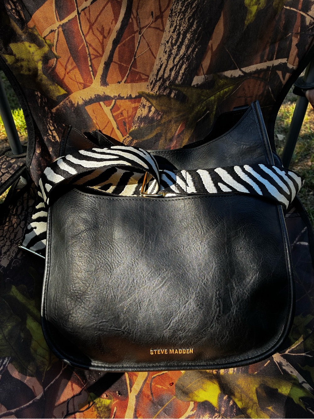 Steve Madden Black Leather Messenger Bag with Zebra Strap